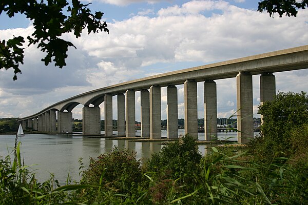 The A12 (multiplexed with the A14) passes over the Orwell Bridge south of Ipswich