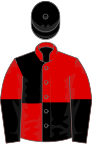 Red and black quartered, halved  sleeves, black cap