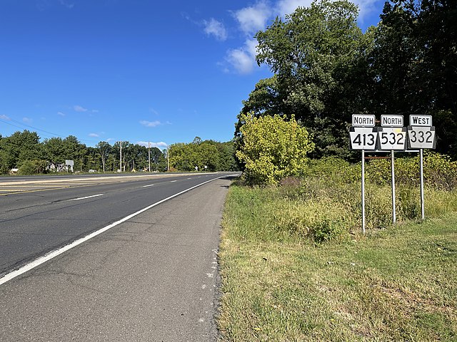 PA 332 westbound along with PA 413 northbound and PA 532 northbound on the Newtown Bypass