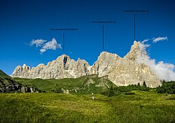 De gauche à droite : Cima dei Bureloni, Cima di Vezzana, Cimon della Pala. Vue depuis le passo Rolle.