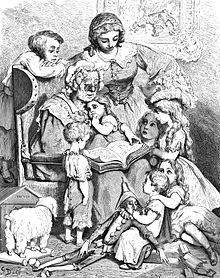 A picture by Gustave Dore of Mother Goose reading written (literary) fairy tales Perrault1.jpg