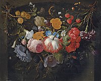 Bloemguirlande in een nis . 1648-1697. oil on panel medium QS:P186,Q296955;P186,Q106857709,P518,Q861259 . 36.3 × 43.6 cm (14.2 × 17.1 in). Hoorn, Westfries Museum.