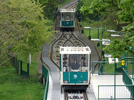The two cars of the Petřín funicular—one of them is about to call at Nebozízek station (seen in the foreground), while the other will stop and wait for it to exchange passengers.