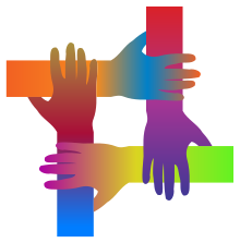 A depiction of 4 interlocking hands.