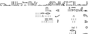 Problem 80 on the Rhind Mathematical Papyrus: As for vessels (debeh) used in measuring grain by the functionaries of the granary: done into henu, 1 hekat makes 10;
1/2 makes 5;
1/4 makes
2+1/2; etc. RMP-80.jpg