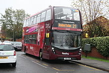 A Claret 21 service running towards Kilnsea Drive Reading Buses 754 on Route 21, Lower Earley-Kilnsea Drive (15235088984).jpg