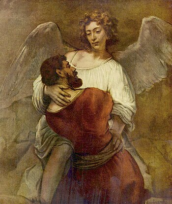 Jacob struggles with the angel, by Rembrandt (...