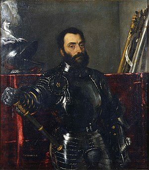 Siyah sakallı, zengin siyah ve altın zırh içinde poz veren bir adamın portresi.