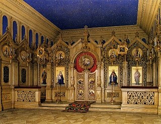 Interior de la iglesia (acuarela de K. A. Ukhtomsky, finales de la década de 1850)