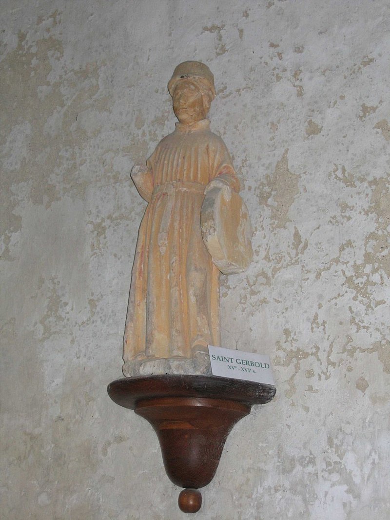 Statue av den hellige Gerbold som ble oppdaget i eremitasjen Saint-Gerbold i Gratot