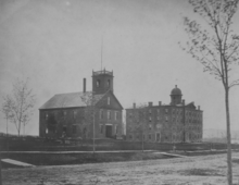 An image of Sampson Hall and the building which preceded Bearce Hall. Taken between 1860 and 1873. Sampson and Old Main Building.png