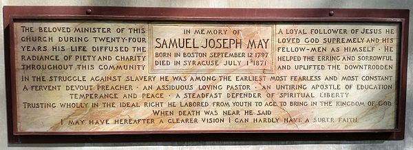 Stone plaque memorializing Rev. Samuel Joseph May, at the May Memorial Unitarian Universalist Society, Syracuse, NY