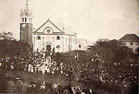 The Sanctuary of Our Lady of Caravaggio, today in the municipality of Farroupilha, typifies the Italian colonial chapel. AHM photo, the 1920s-30s. Santuario-de-Caravaggio.jpg