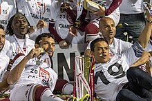 Deportivo Saprissa celebrating winning the 2019 CONCACAF League Saprissa festeja 2.jpg