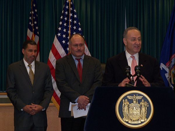 L to R: Governor David Paterson in Niskayuna with town Supervisor Landry and Senator Chuck Schumer at microphone, c. 2000s