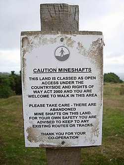 Sign on Bodmin Moor, citing the Countryside and Rights of Way Act, and noting that the land is open access. It also warns of abandoned mine shafts in the area. Sensible Sign - geograph.org.uk - 222285.jpg