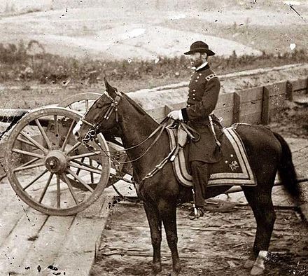 Sherman on horseback at Federal Fort No. 7, after the Atlanta Campaign, September 1864