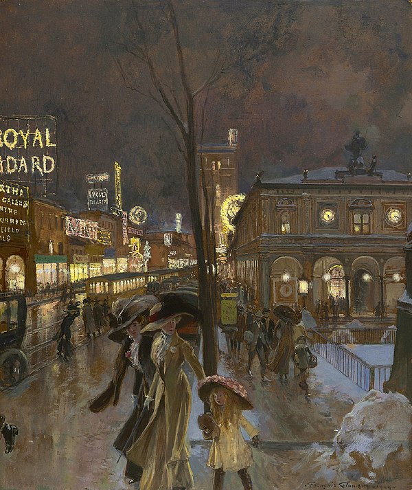 François Flameng (1856–1923), A winter evening in a crowded Herald Square at the New York Herald Building, oil on board 62.4 x 52.4 cm, signed l.r. an