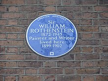 Мемориальная доска в Кенсингтоне, где Уильям Ротенштейн жил с 1989 по 1902 годы