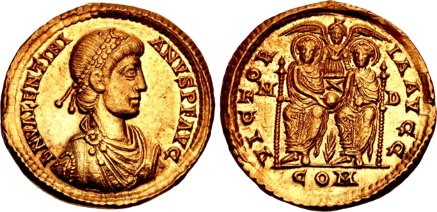 A solidus minted by Valentinian II in AD 390. On the reverse, both Valentinian and Theodosius I are celebrated as victorious.