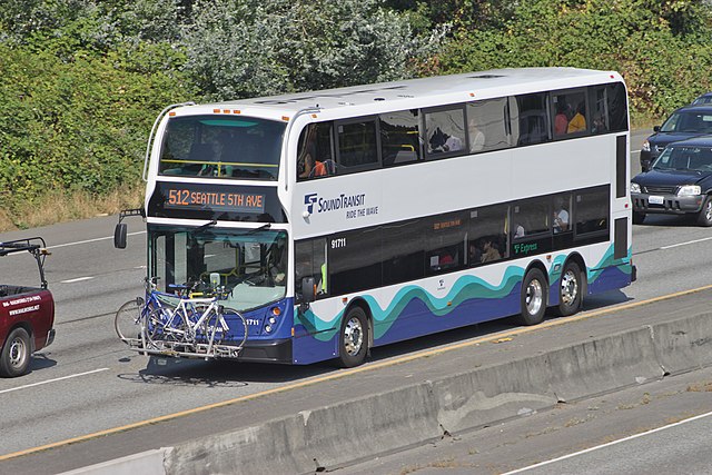 A double-decker Sound Transit Express bus on Interstate 5 in north Seattle