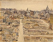 The Caslon foundry's 1910 premises were destroyed by bombing in WWII; Chiswell Street is pictured in a 1941 painting by Louisa Puller St Paul's Cathedral seen from Chiswell Street, near Moorgate Street, London (Art.IWM ART LD 1692) (1941).jpg