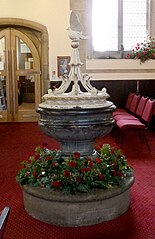Oval marble font made before 1686, St Robert's Church, Pannal, North Yorkshire.