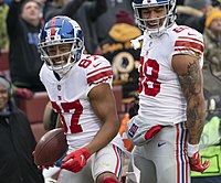 Shepard (left) playing against the Washington Redskins in 2018 Sterling Shepard, Evan Engram (32377834448).jpg