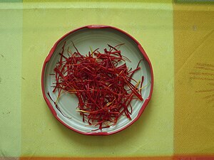 Saffron, made from the hand-picked stigmas of the Crocus sativus flower, is used both as a dye and as a spice.