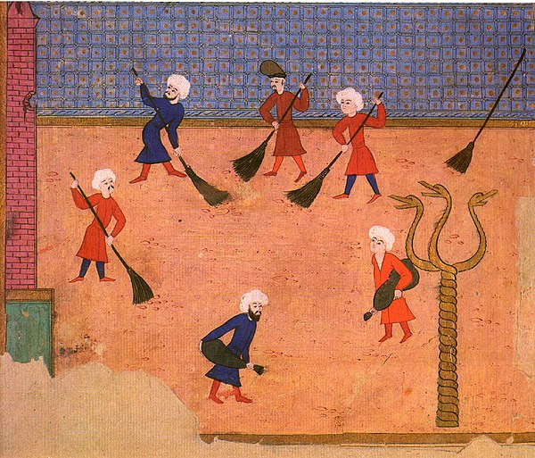 Ottoman miniature from the Surname-i Vehbi, showing the Column with the three serpent heads, but the bowl already missing, in a celebration at the Hip