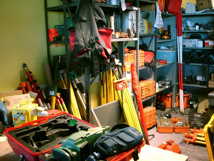 A surveyor's shed showing equipment used for geomatics