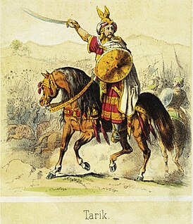 Tariq ibn Ziyad i spidsen for sin hær.  Miniature af T. Hosemann (1807-1875)