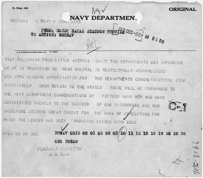 File:Telegram from Rear Admiral Richard E. Byrd to the Bureau of Navigation acknowledging his promotion to the rank of... - NARA - 299697.jpg