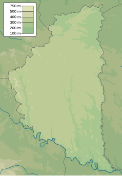 Mapa konturowa obwodu tarnopolskiego, blisko lewej krawiędzi u góry znajduje się punkt z opisem „źródło”, natomiast na dole po lewej znajduje się punkt z opisem „ujście”