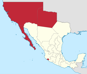 The territories of Mexico in 1824 (red). Territorios federales de Mexico en 1824.png