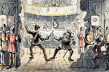 A view from the back of a stage. Two unkempt actors enact a sword fight for the audience. Men dressed as soldiers lounge and drink behind the props.