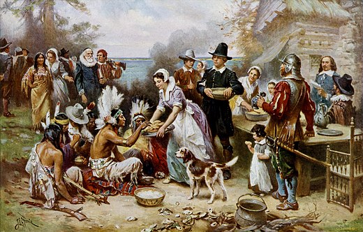 The First Thanksgiving 1621, oil on canvas by Jean Leon Gerome Ferris (1899). The painting shows common misconceptions about the event which persist to modern times: Pilgrims did not wear such outfits, nor did they eat at a dinner table, and the Wampanoag are dressed in the style of Native Americans from the Great Plains.[33]