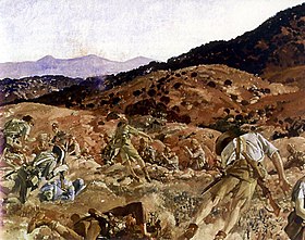 The charge of the 3rd Light Horse Brigade at the Nek, 7 August 1915, painting by George Washington Lambert, 1924. The charge of the 3rd Light Horse Brigade at the Nek 7 August 1915.jpg