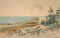 «Flyvende fugleflokk og graner ved havet». Fra Theodor Kittelsens billedserie Jomfruland fra 1893 som finnes i Nasjonalmuseet. Serien kom i bokform i 1986