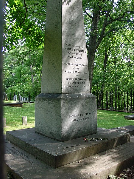 Thomas Jefferson's tombstone. Written below the epitaph is "Born April 2. 1743. O.S. Died July 4. 1826."