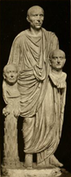 The so-called "Togatus Barberini", a statue depicting a Roman senator holding portrait effigies (possibly imagines) of deceased ancestors; marble, late 1st century BC; head (not belonging): mid 1st century BC.