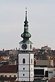 English: Town tower in Třebíč, view from Hrádek park. Čeština: Městská věž v Tř., pohled z Hrádku.