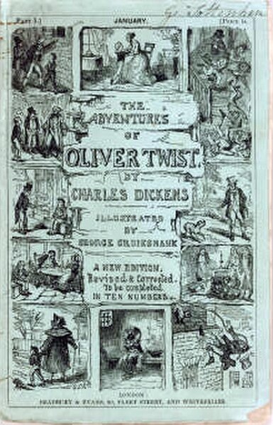 Cover, first edition of serial, entitled "The Adventures of Oliver Twist" January 1846