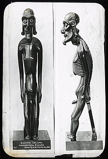 Wooden kavakava (carved figurines) representing Aku-Aku Two images spliced together; a front and side view of the same wooden moai Kavakava anthropomorphic figure carving representing akuaku spirits, supported on a base. Oc,G.T.1730, British Museum.jpg