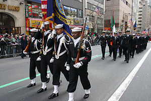 US Navy 050317-N-5637H-001 Members of Naval Reserve Center Bronx's color guard march up Fifth Avenue in New York City (NYC), at the 244th Annual NYC St. Patrick's Day parade.jpg