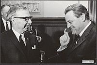 Prime Minister Jelle Zijlstra and Minister of Finance of West Germany Franz Josef Strauss during a meeting at the Peace Palace in The Hague on 16 January 1967.