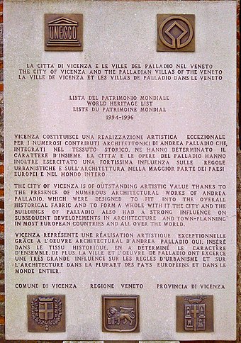Plaque for Vicenza in the UNESCO World Heritage List