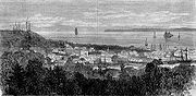 An image of Astoria in 1868 with various mast sailing ships.