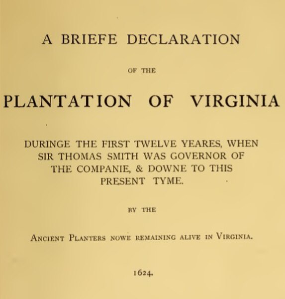 Cover to a history of the Plantation of Virginia between 1612 and 1624, compiled by its planters