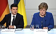 President of Ukraine Volodymyr Zelensky and Federal Chancellor of Germany Angela Merkel at a joint press conference following the meeting in the Normandy format (10 December 2019)